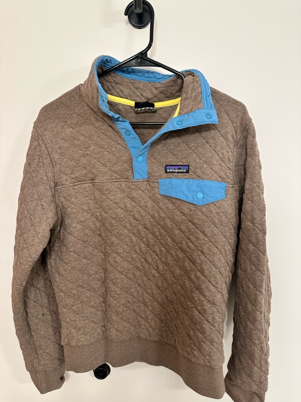 Patagonia Quilted Pullover with Sky Blue Trim, brown, small
